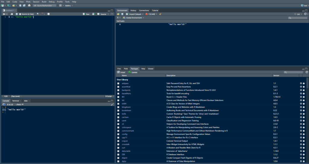 An image showing a customized layout of the RStudio Graphical User Interface