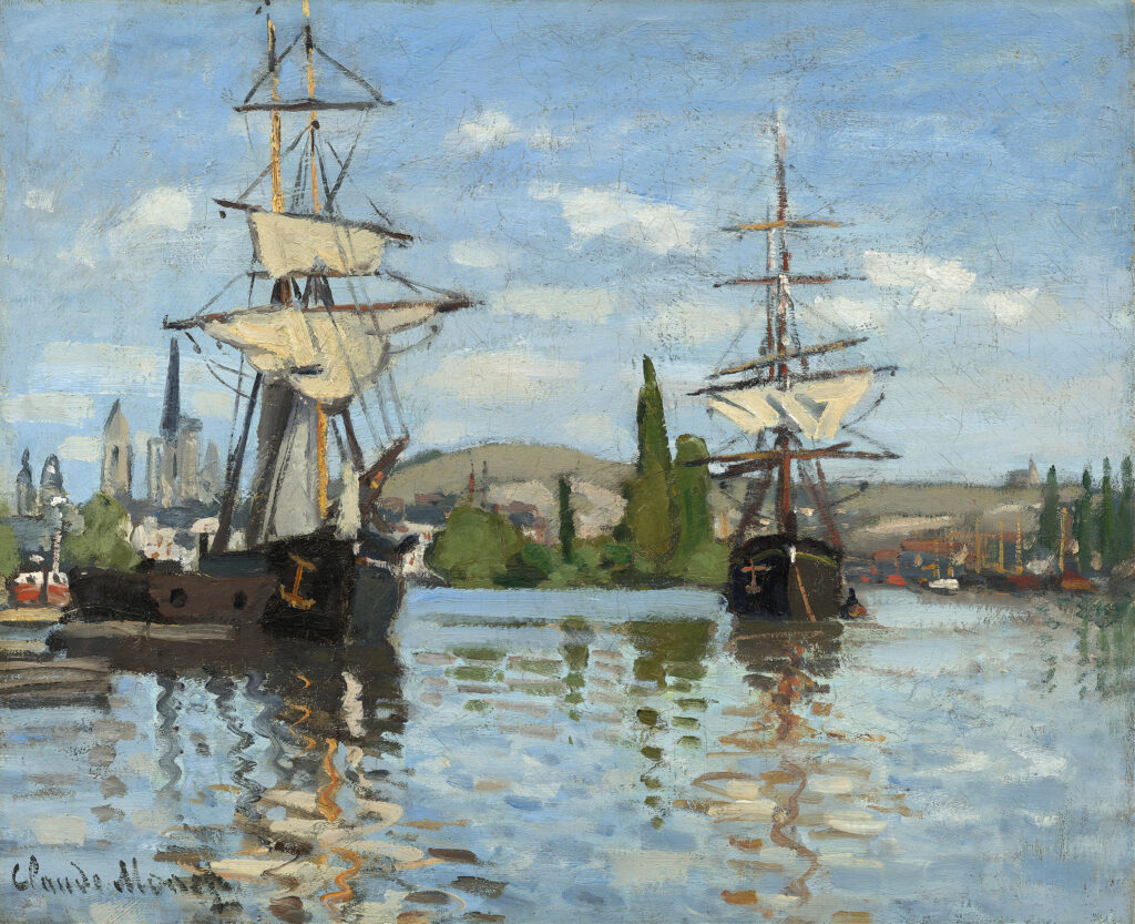 A painting by Claude Monet, Ships Riding on the Seine at Rouen (1872-1873) , where two sailing ships are docked near a french countryside.