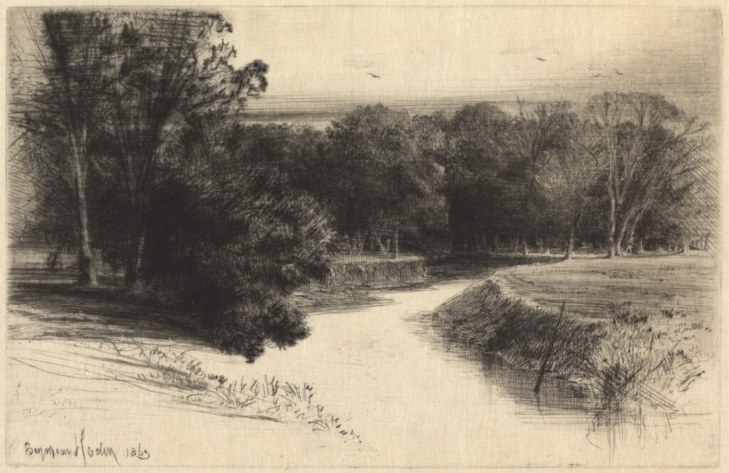 A pencil drawing of a riverbank with trees by Francis Seymour Haden