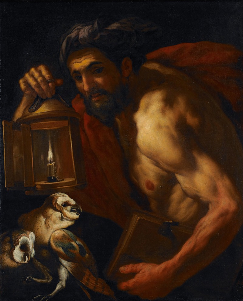 A portrait of Diogenes holding an oil lamp above some owls