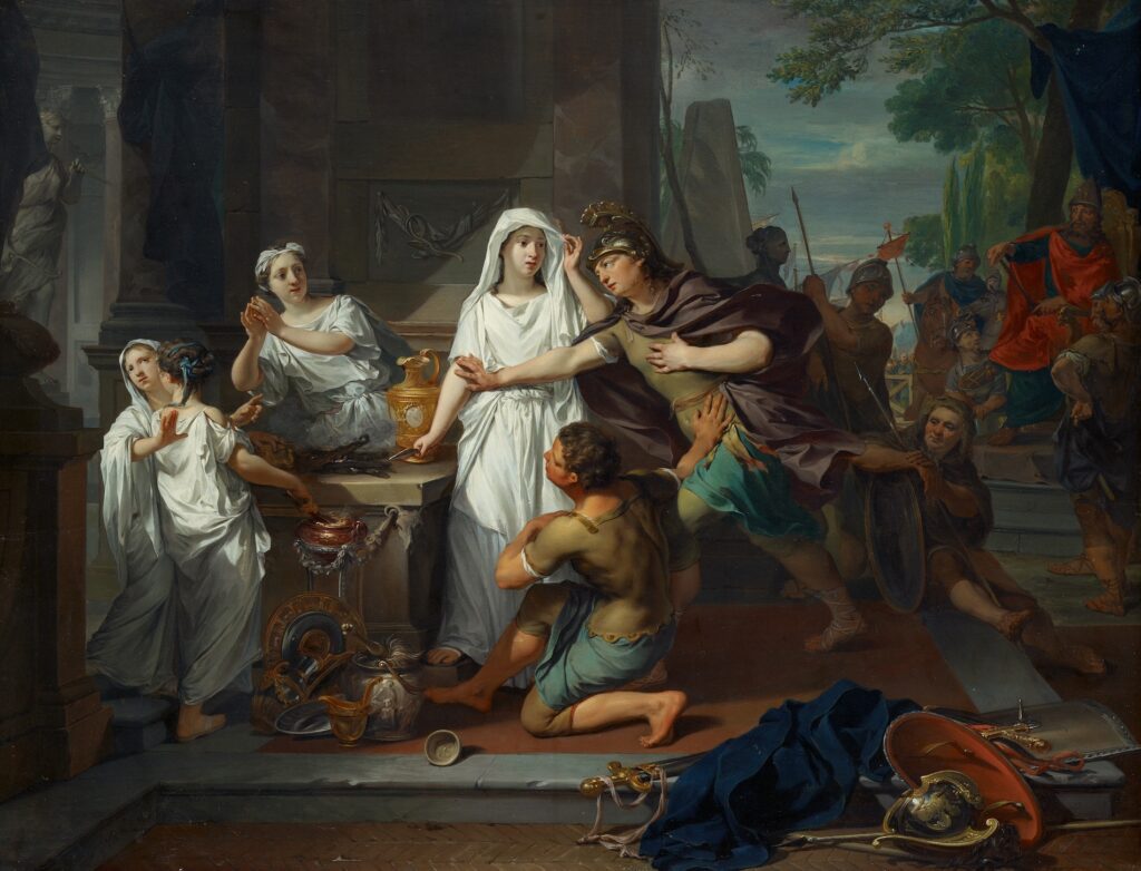 The classical painting Orestes and Pylades in Tauris (1732) by Nicolaas Verkolje (Dutch, 1673 - 1746)