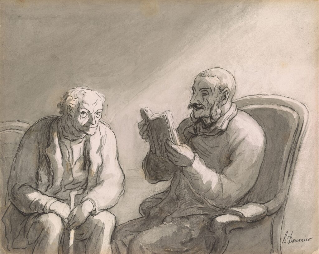 Reading (ca. 1860) by Honoré Daumier (French, 1808-1879) is a pencil drawing of two men seating with one reading.