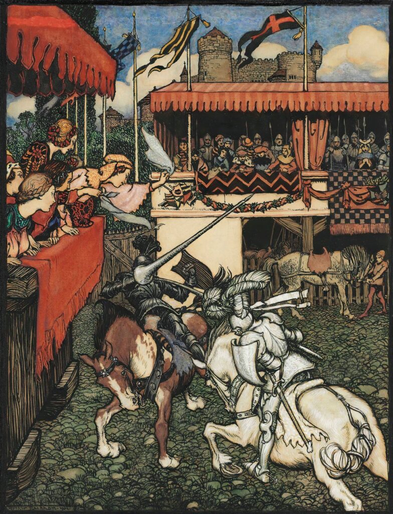 Sir Tristram defeats Sir Palamedes in Ireland (1902) by Arthur Rackham (English, 1867-1939)