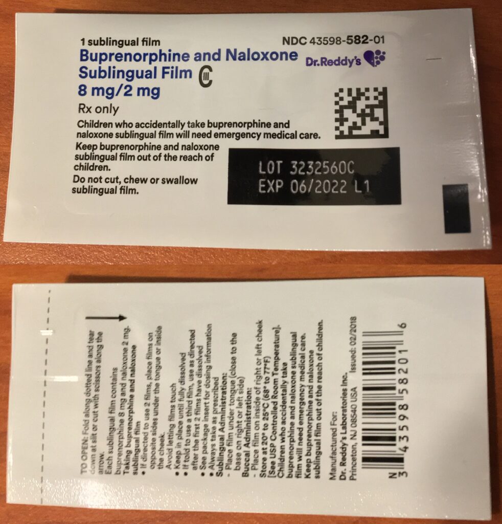 A package of Buprenorphine and Naloxone Sublingual film