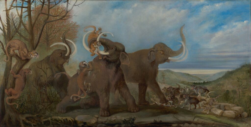 A painting of a mammoth and sabertooth tiger in combat in pliestocene england.