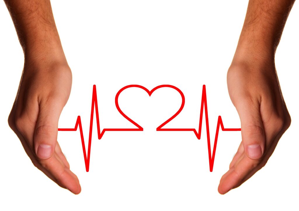 An EKG with a heart in the middle, held by two hands