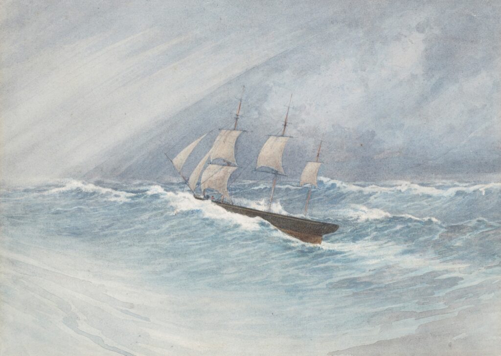 A sailing ship caught in some white crested waves, with rain coming in from the right and heavy cloud cover.