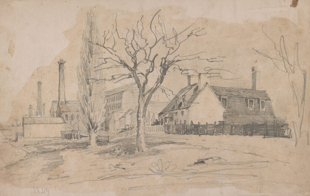 A pencil sketch of a house and factories on the outskirts of a town