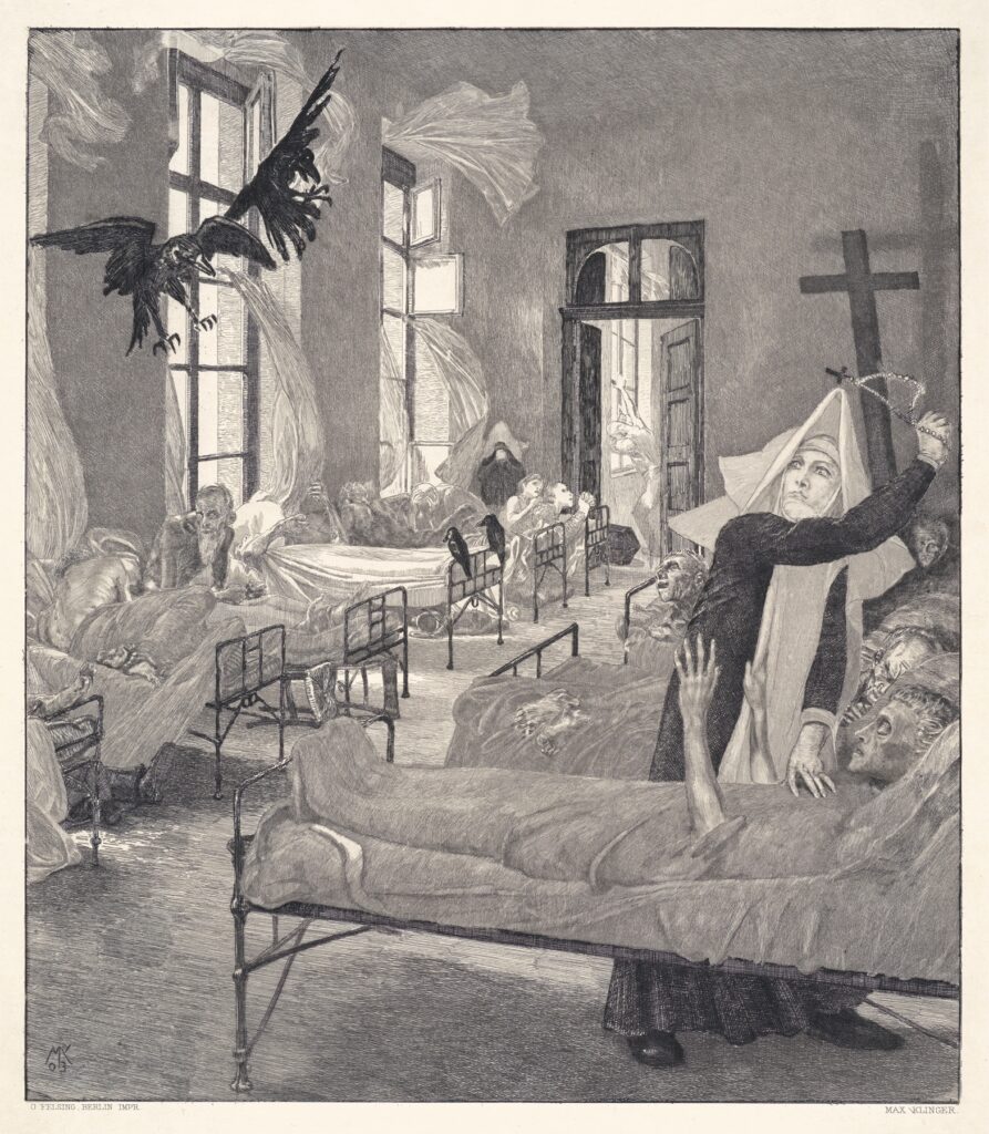 An eerie black-and-white illustration depicts a hospital ward filled with sick patients lying in beds, their gaunt faces conveying anguish. A nun stands in the foreground, holding a rosary and appearing to ward off a large, ominous bird that flies overhead. Billowing curtains and dark shadows add to the scene's haunting and dramatic atmosphere.