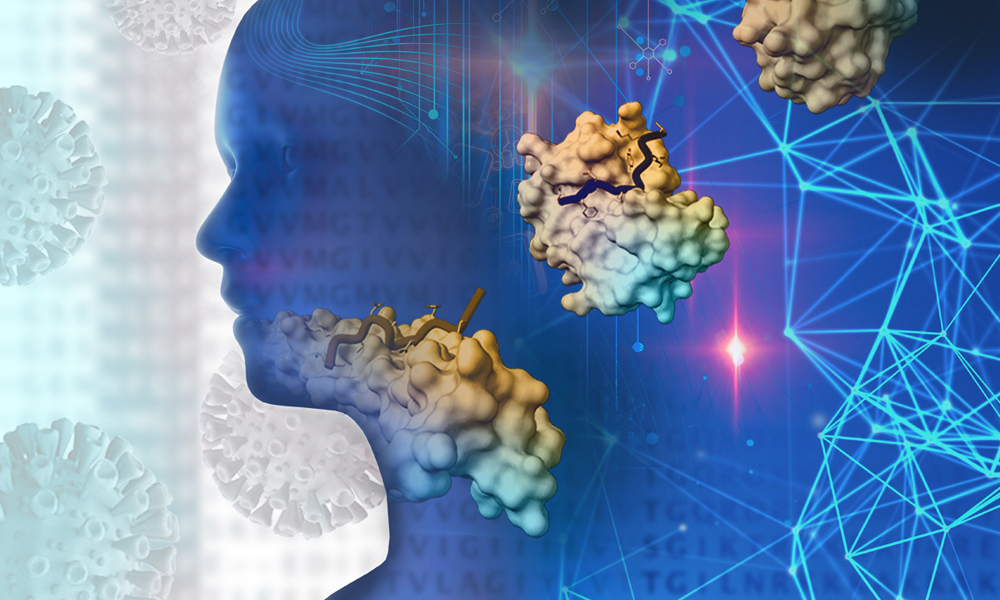 Illustration of a human profile silhouette surrounded by molecular structures, including viral particles and protein models.