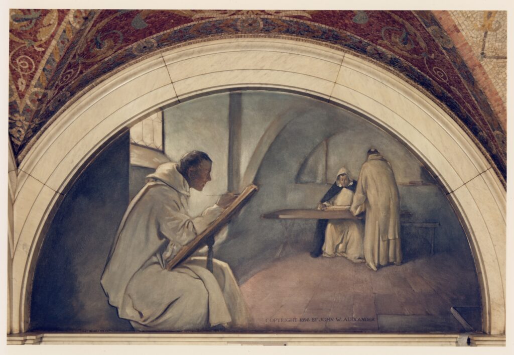 An arch-shaped painting depicting a serene medieval scene with monks working indoors. On the left, a monk is seated and focused on writing at a slanted desk, while on the right, two monks are collaborating at a table. The room is softly lit, highlighting the contemplative atmosphere, with arched windows and a simple interior. Ornate mosaic patterns decorate the arch's frame.