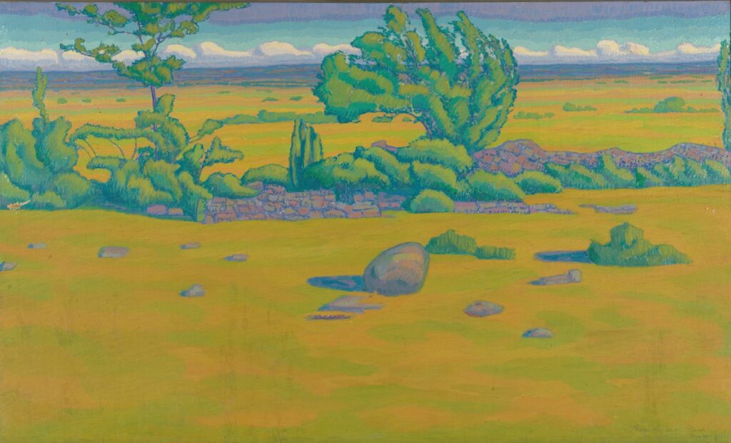 A vibrant landscape painting featuring a wide, grassy field with scattered rocks and clusters of bushes and trees. In the distance, there is a low stone wall with more trees and a vast open horizon under a blue sky with fluffy white clouds. The colors are bright and stylized, with greens, yellows, and blues dominating the scene.